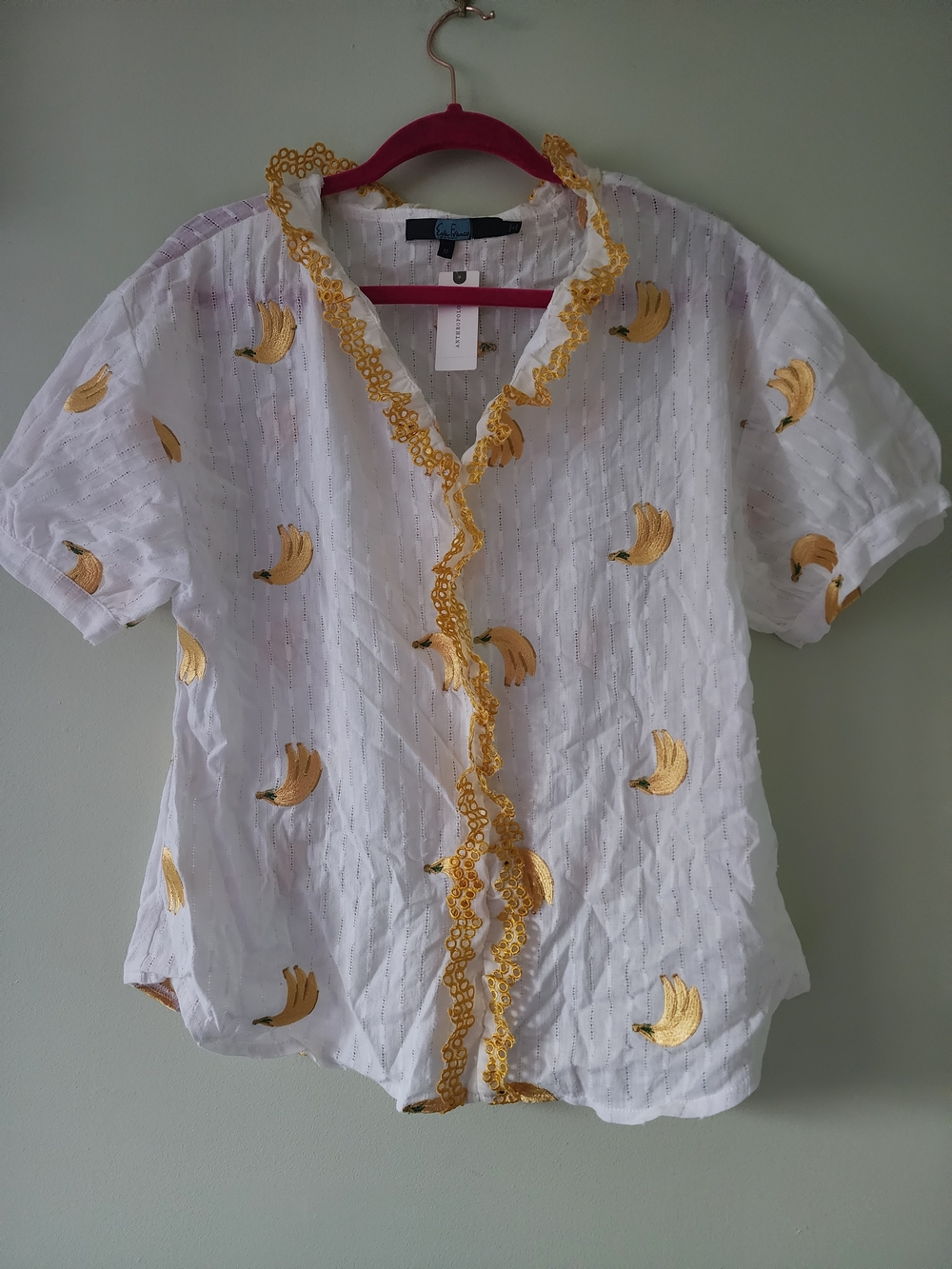 Anthropologie White Blouse with Yellow Embroidered Banana Motif